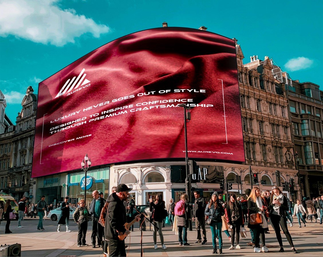 Premium Aurevo luxury fashion billboard advertising design showcasing modern branding, creative outdoor marketing, and high-end visual communication.