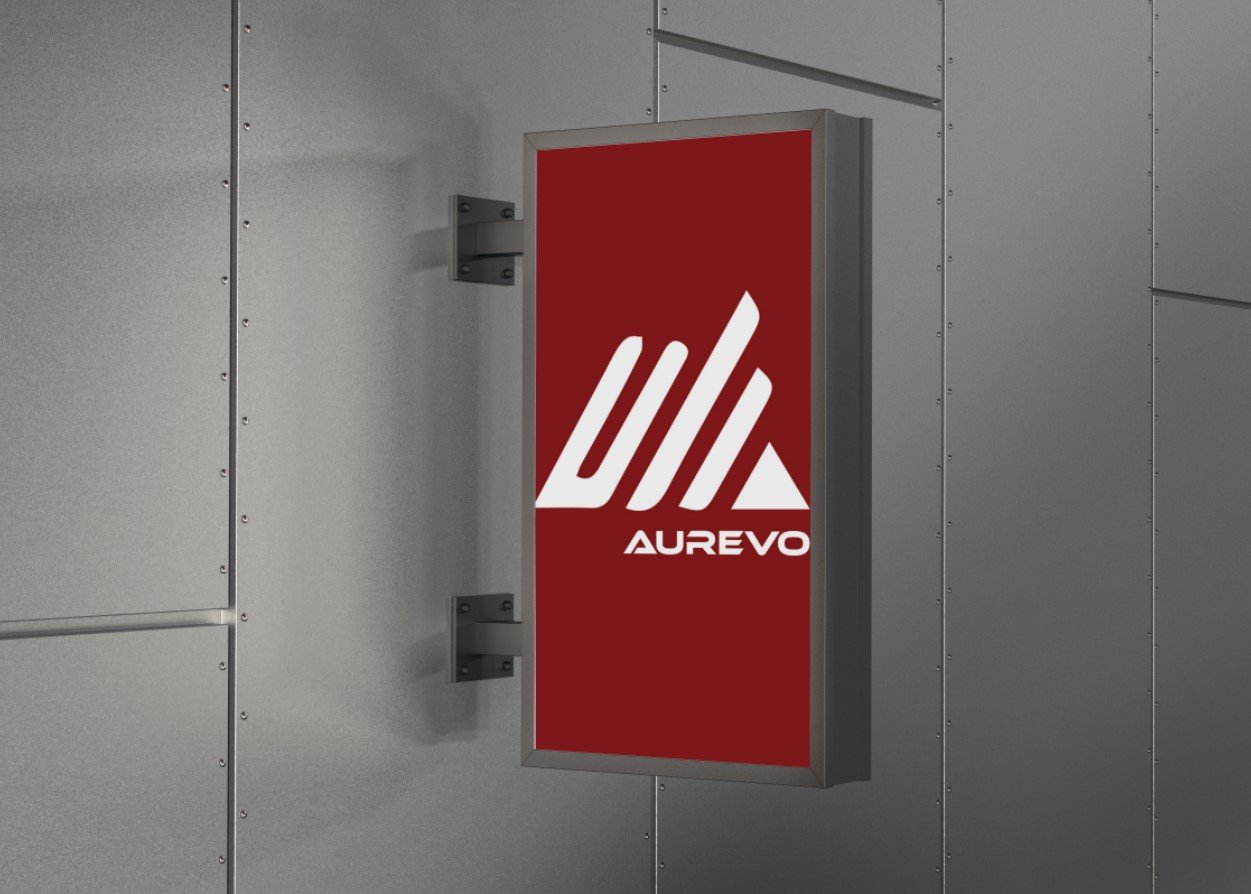 Luxury Aurevo brand signboard design for business branding, outdoor advertising, storefront signage, and corporate identity.