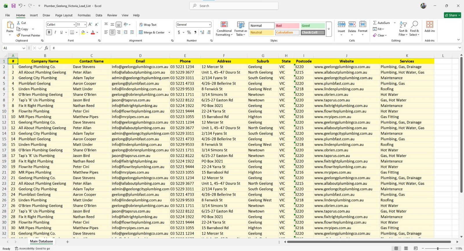 b2b lead generation data spreadsheet showing business contact information