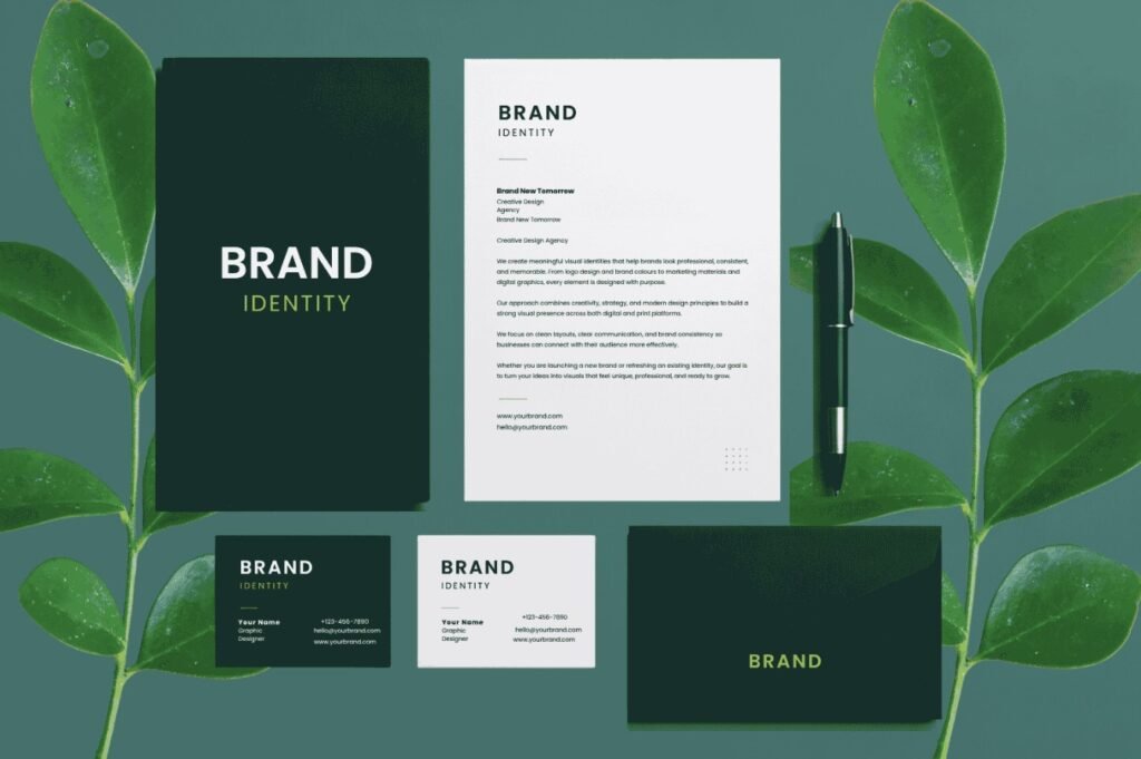 Professional brand identity design showcasing visual identity, logo, typography, and brand guidelines