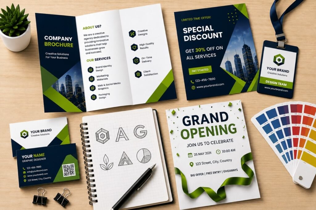Professional branding design featuring brand identity, stationery, typography, and promotional materials