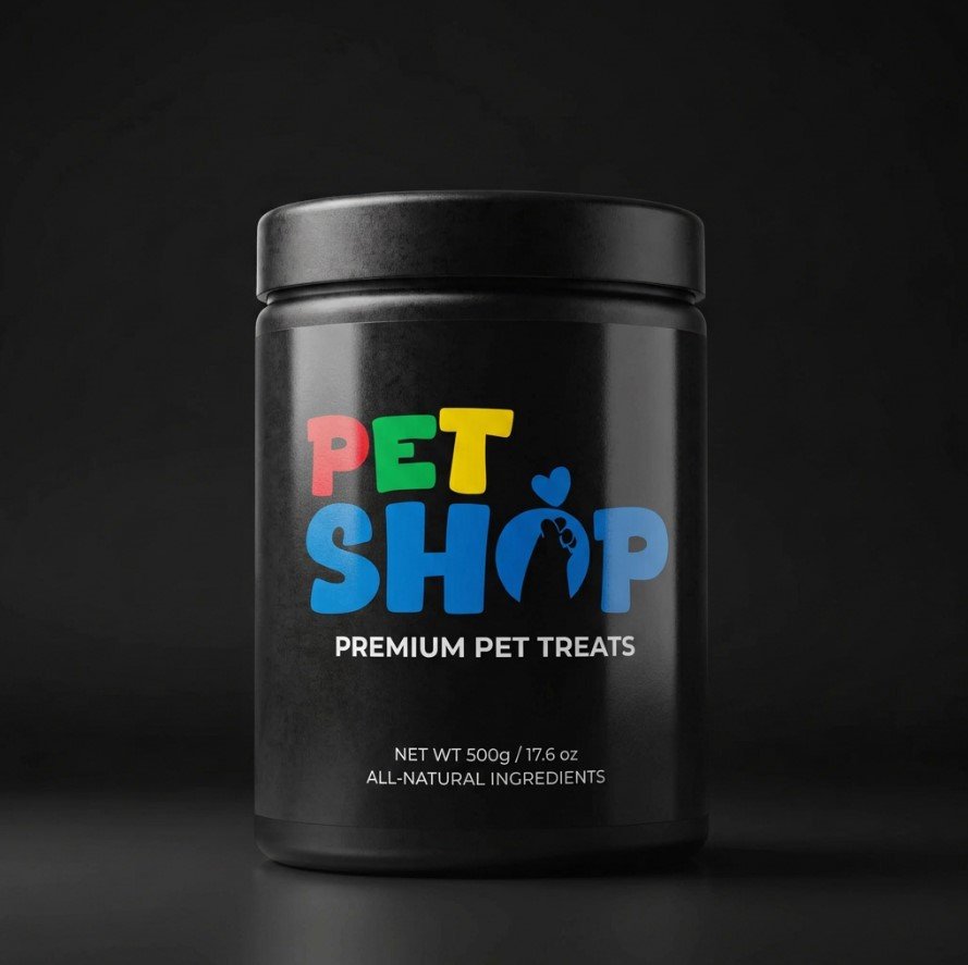 Pet Shop premium pet food packaging mockup featuring a black container with a colorful pet store logo on a dark background.