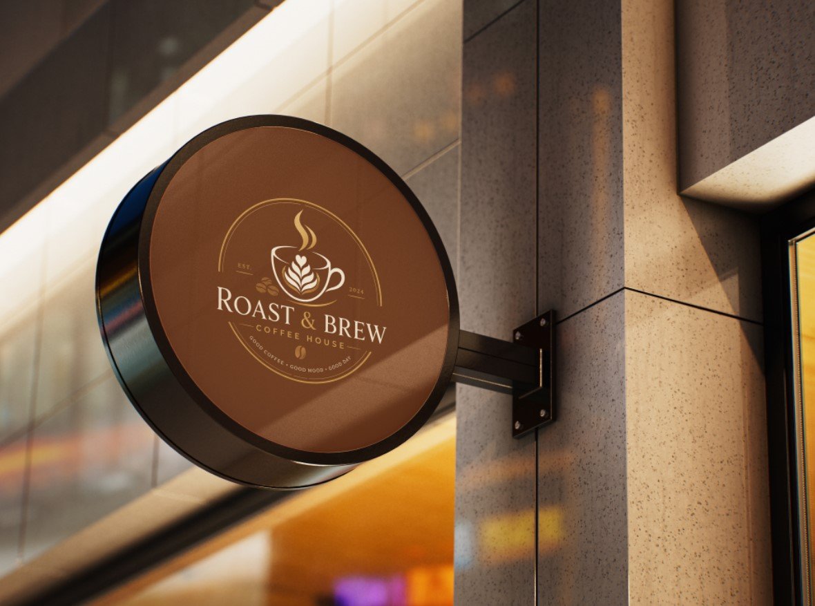 Roast & Brew coffee shop brand identity billboard design featuring premium café branding and modern outdoor signage.