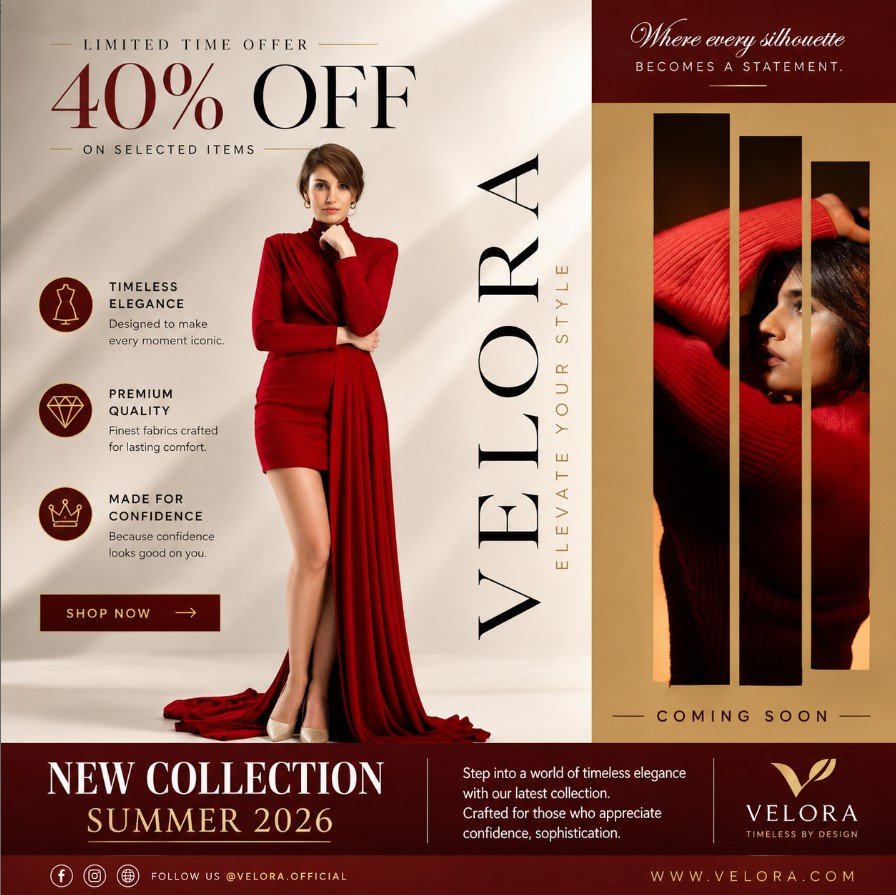 velora new collection fashion promotional poster design in 2026