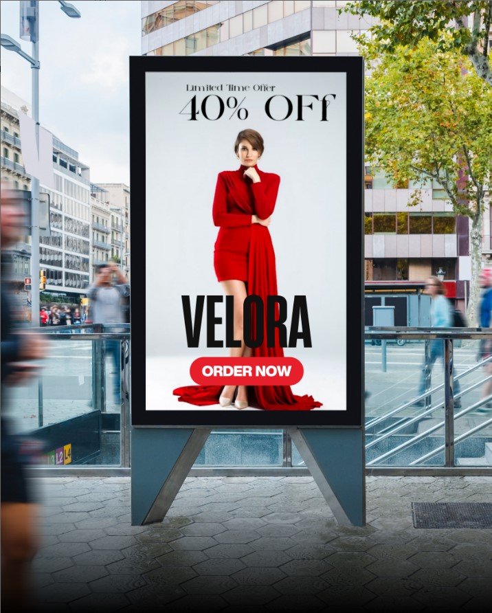Premium Velora brand billboard advertising design featuring luxury fashion promotion, modern typography, and creative branding.