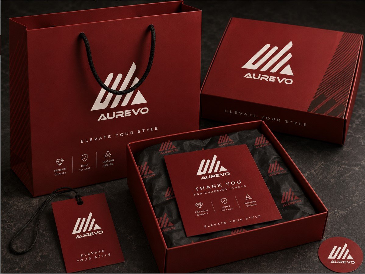 aurevo brand premium packaging design with branded boxes and bags in 2026
