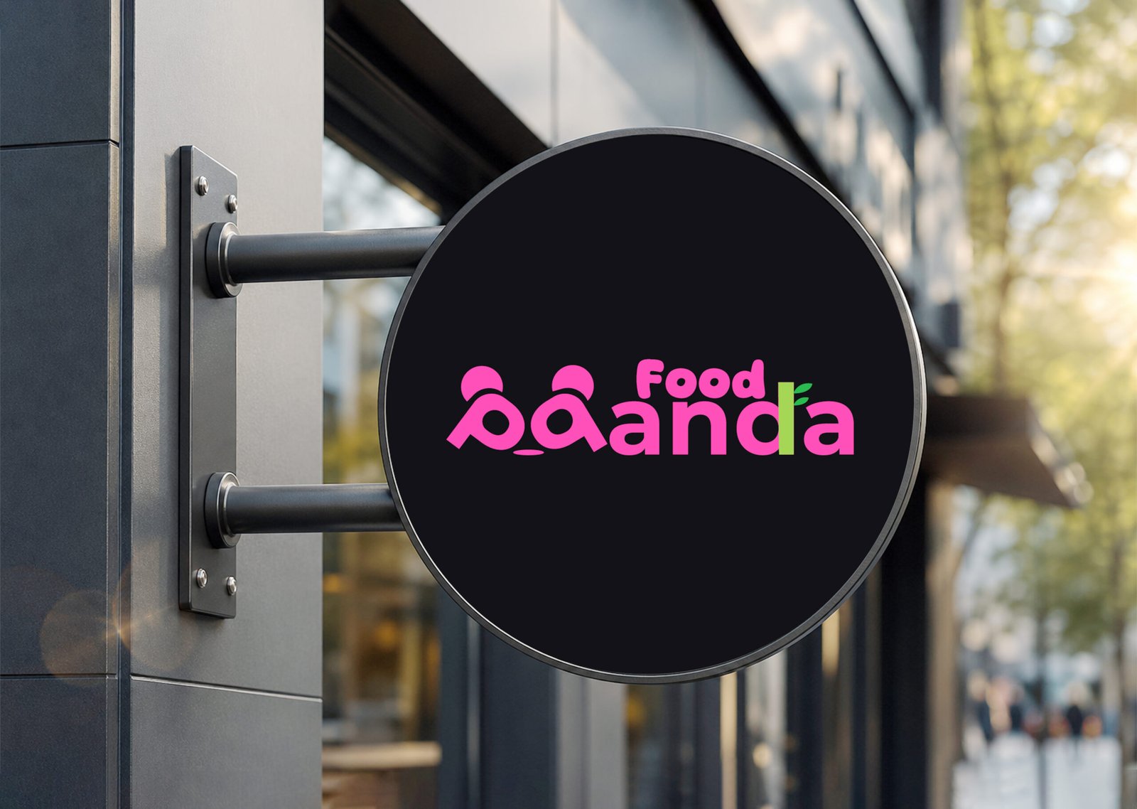 FoodPanda signboard design featuring a bold pink food delivery logo on a round outdoor storefront sign.