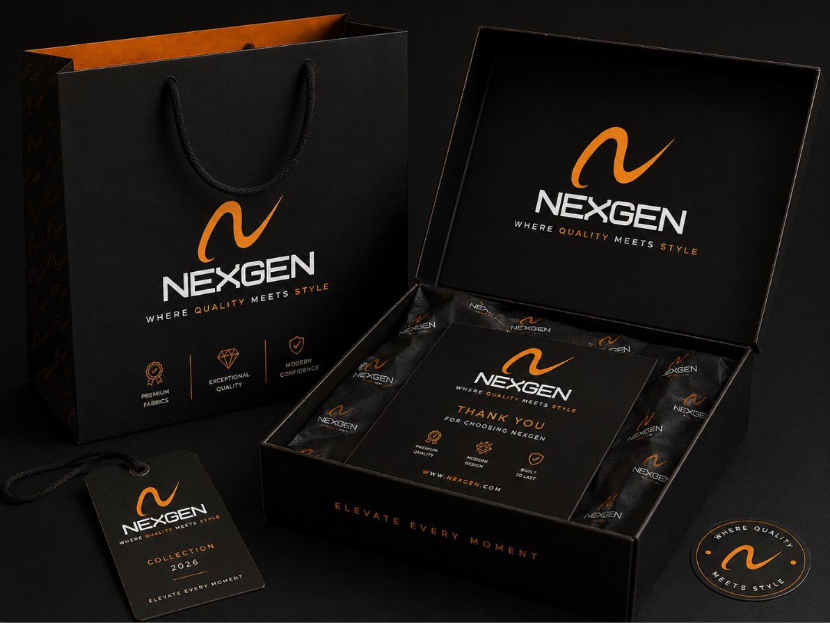 nexgen brand premium packaging design with branded boxes and bags in 2026