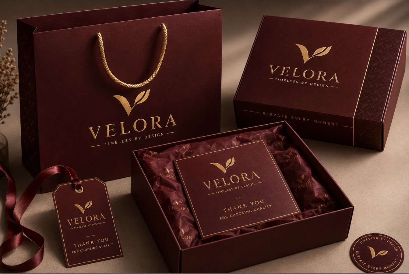 velora brand premium packaging design with branded boxes and bags in 2026