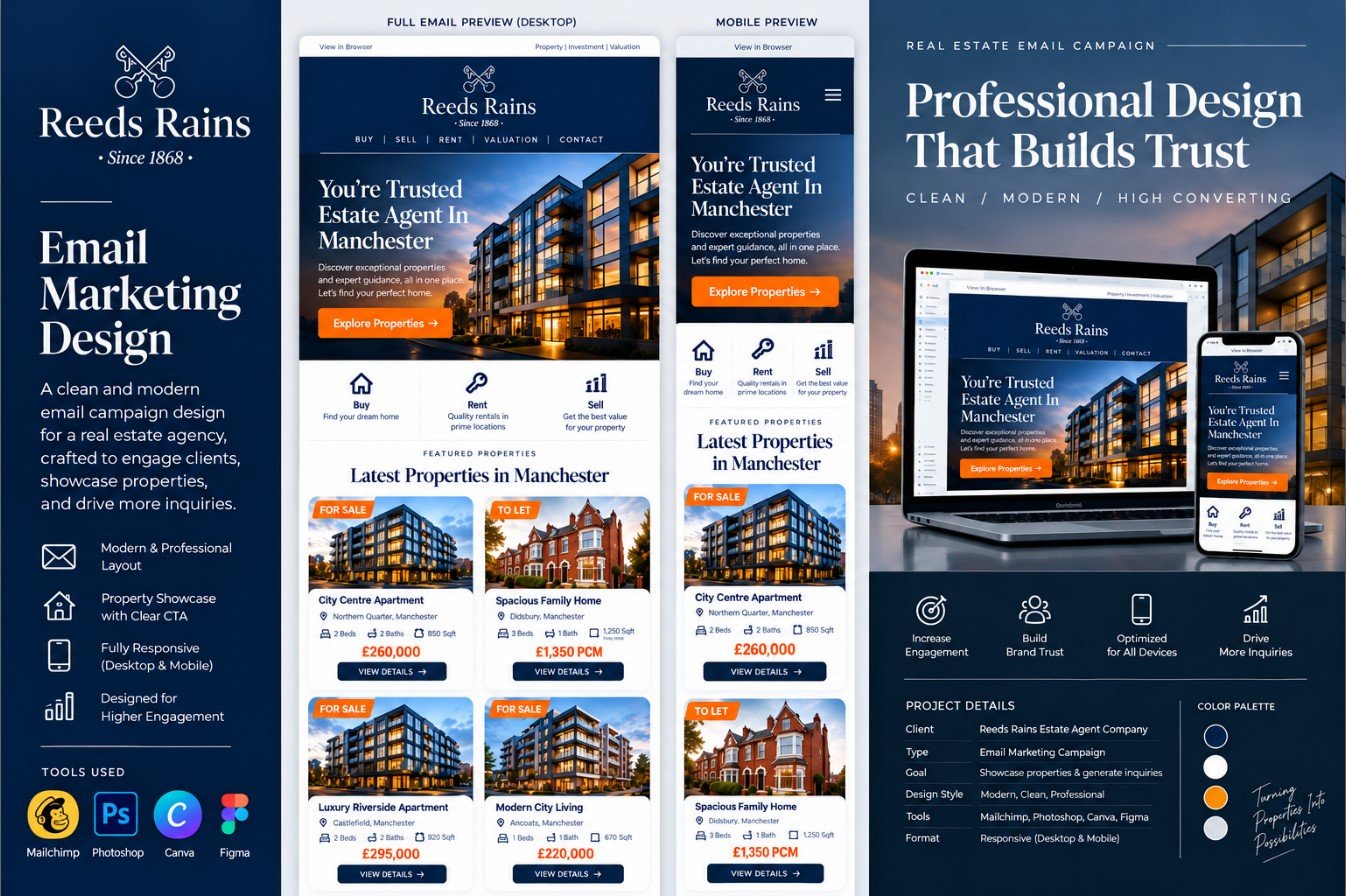 Reeds and Raids real estate company email design showcasing property listings and professional email layout